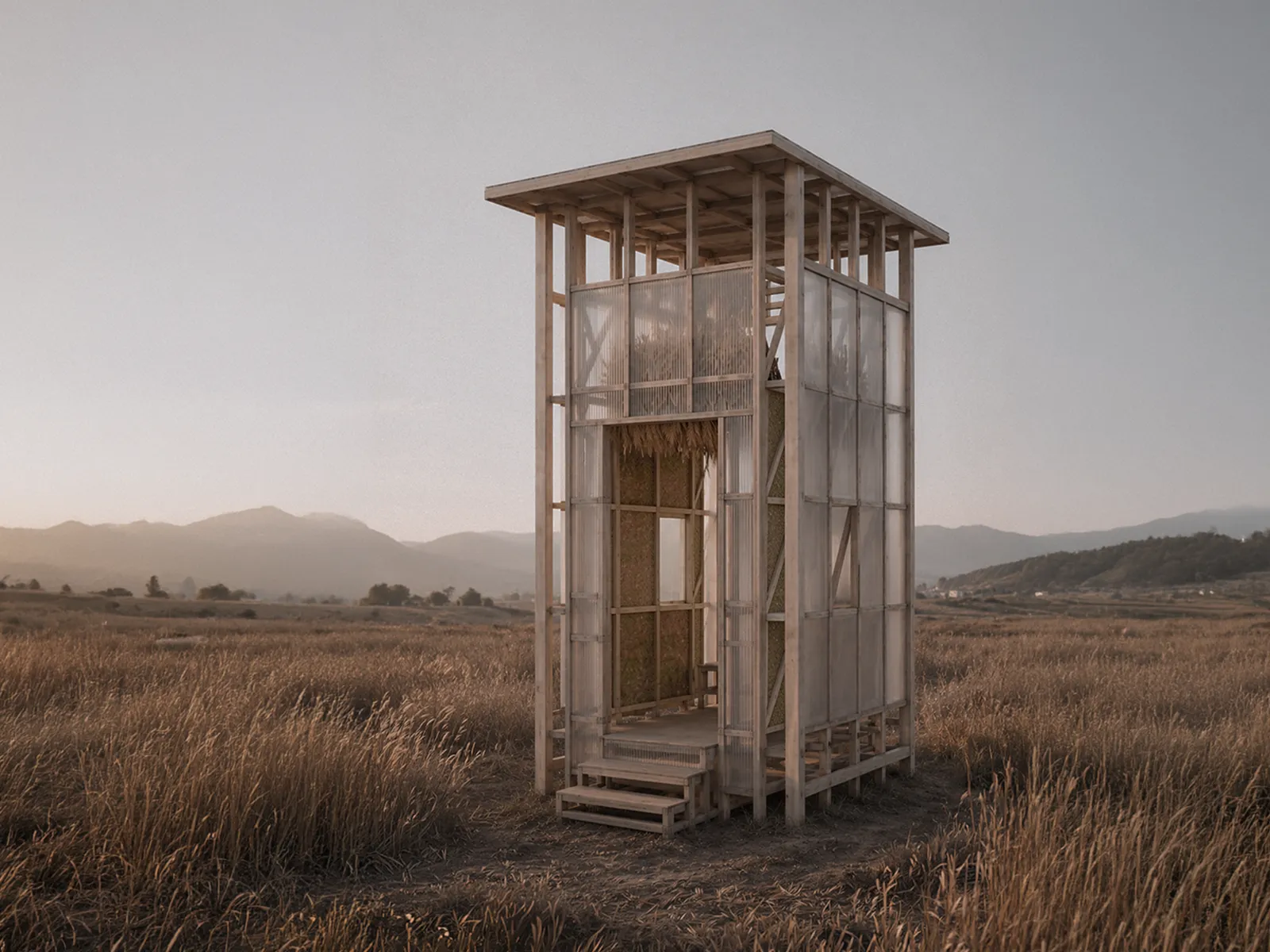 Field Beacon pavilion standing in the Majianglong rice fields
