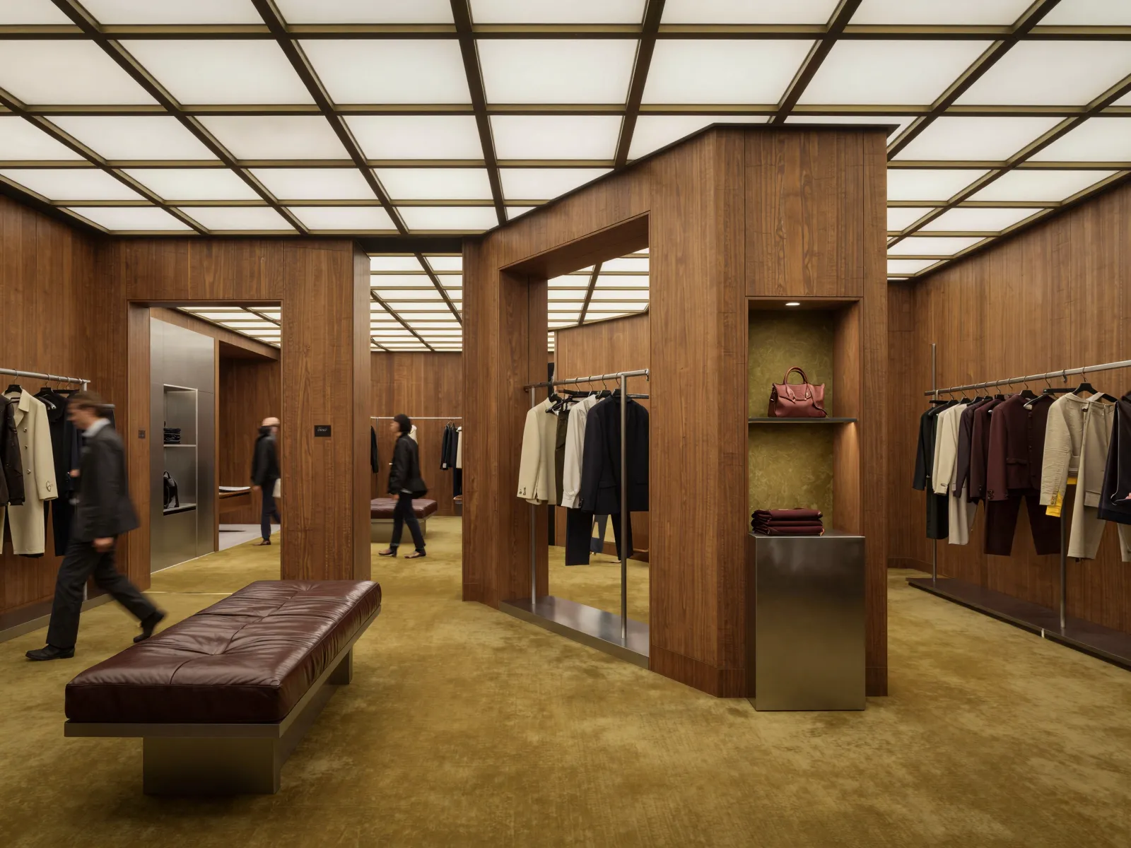 Timber Salon apparel and fitting area arranged through timber-lined rooms